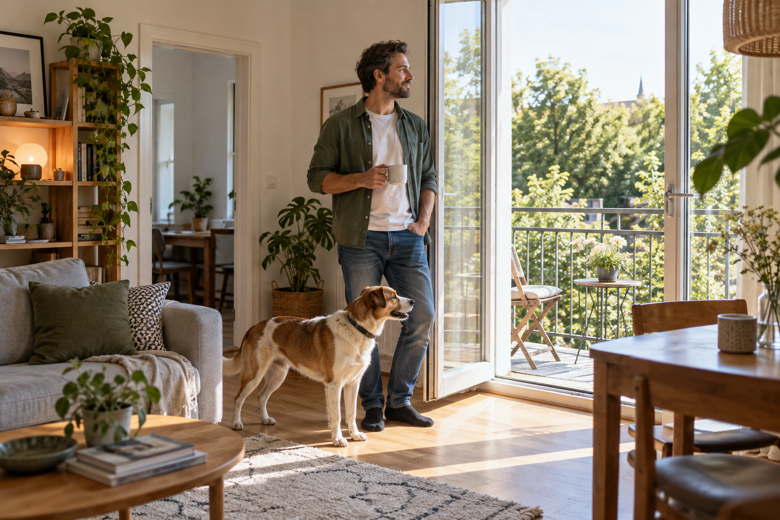 Ein Mann und sein Hund stehen in einer hellen Wohnung mit Balkon